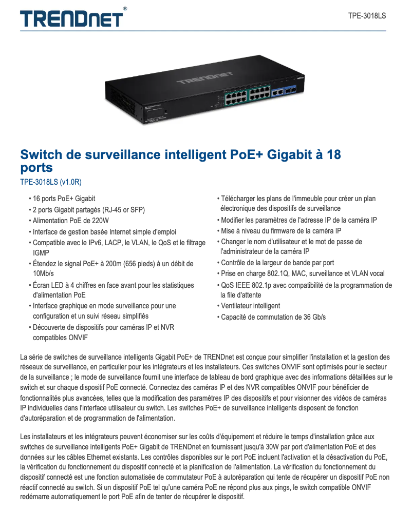 Page 1 de la notice Fiche technique TRENDnet TPE-3018LS