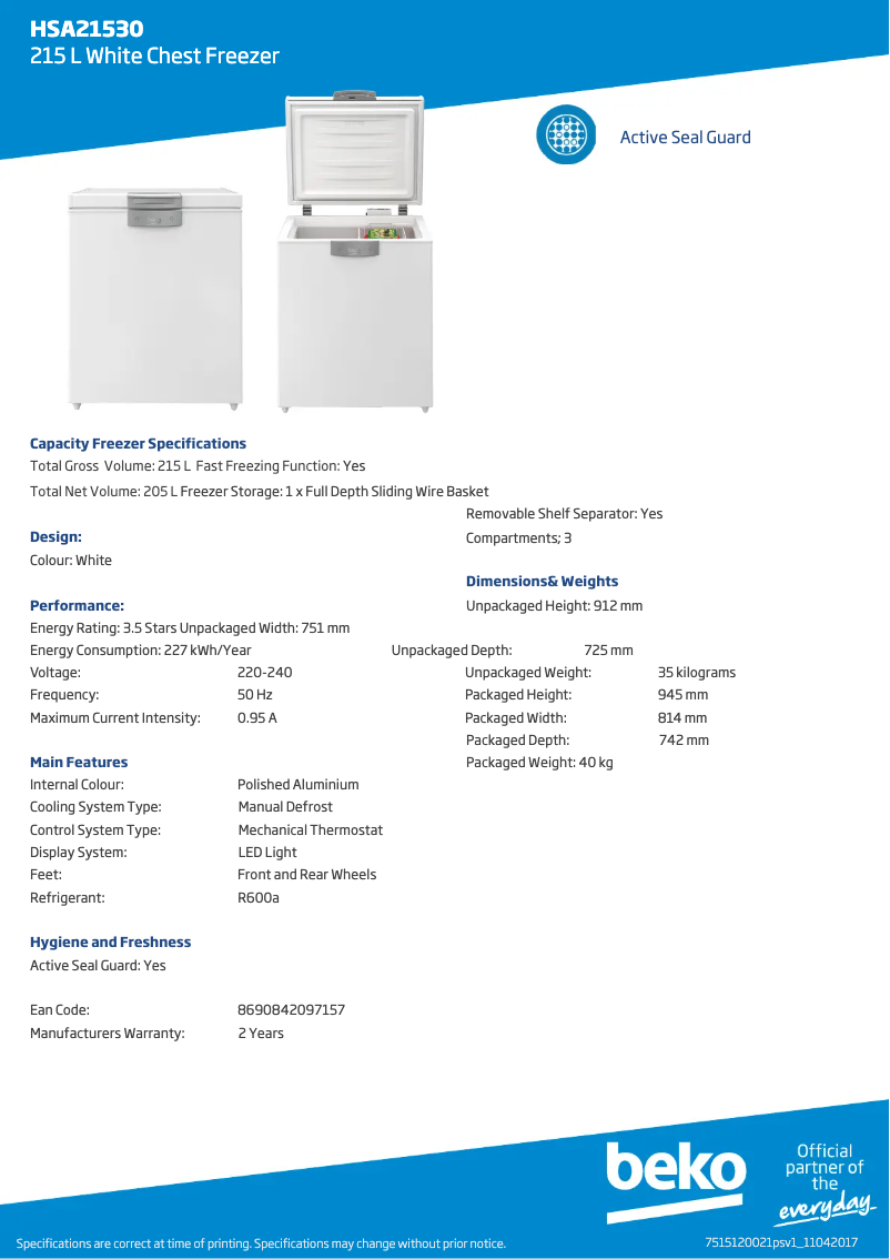 Page 1 de la notice Fiche technique Beko HSA21530