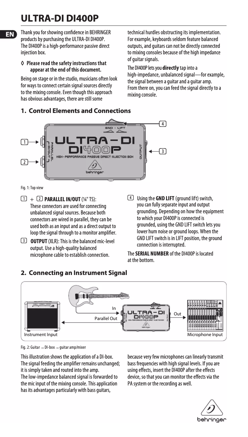 Page n°1 - Manuel utilisateur Behringer ULTRA-DI DI400P