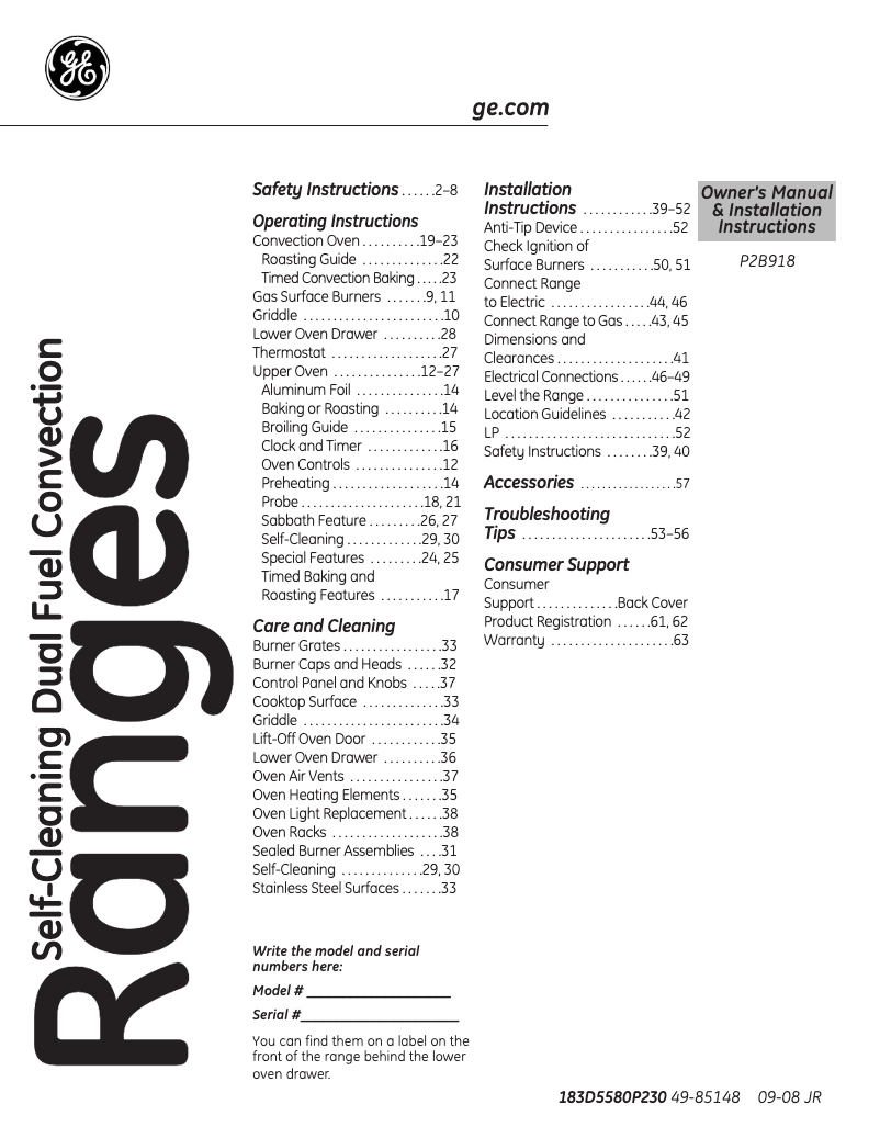 Page n°1 - Manuel d'utilisation et d'entretien GE Profile P2B918SEMSS