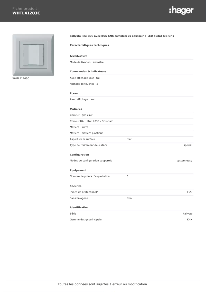 Page n°1 - Fiche technique Hager WHTL41203C