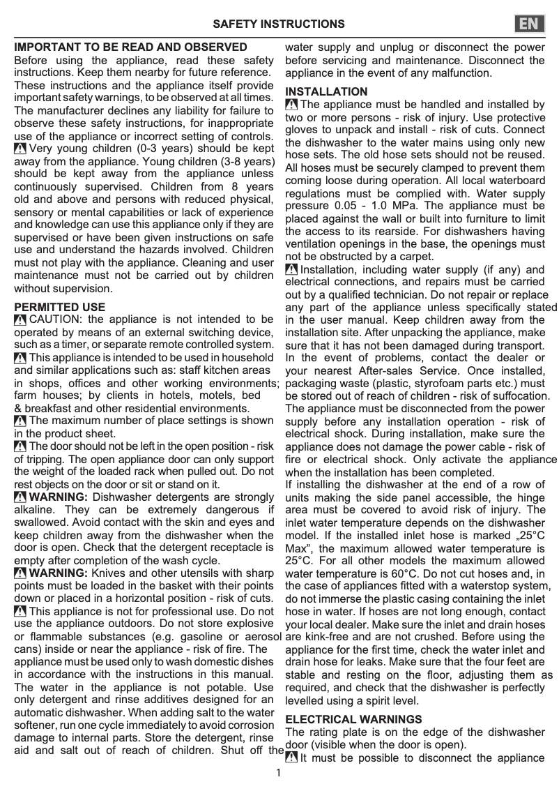 Page n°1 - Instructions de sécurité Indesit DSFE 1B10 UK N