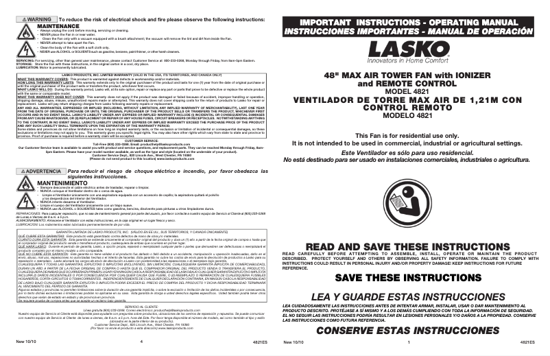 Page 1 de la notice Manuel utilisateur Lasko Max Air 4821