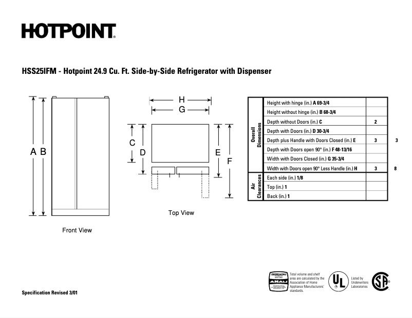 Page 1 de la notice Fiche technique Hotpoint HSS25IFMWW