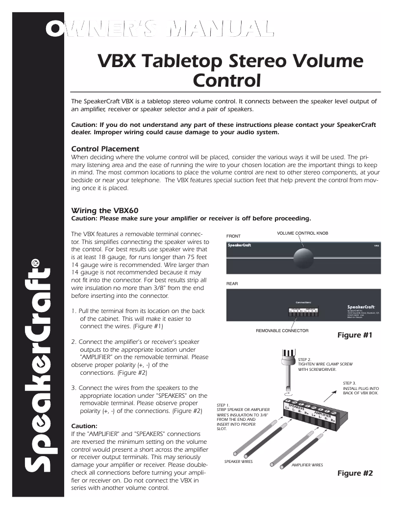 Page 1 de la notice Manuel utilisateur SpeakerCraft VBX
