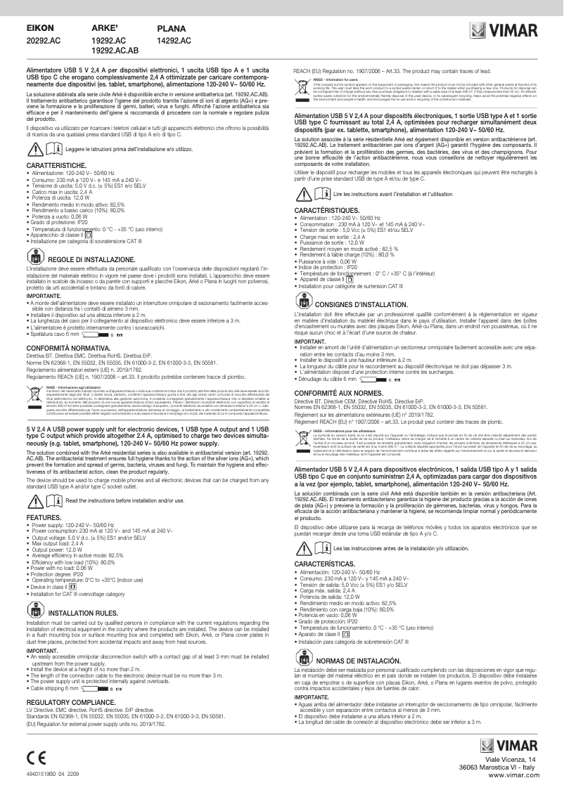 Page 1 de la notice Manuel utilisateur Vimar 14292.AC.SL