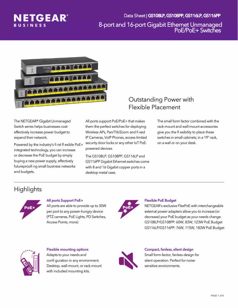 Page n°1 - Fiche technique Netgear GS116PP