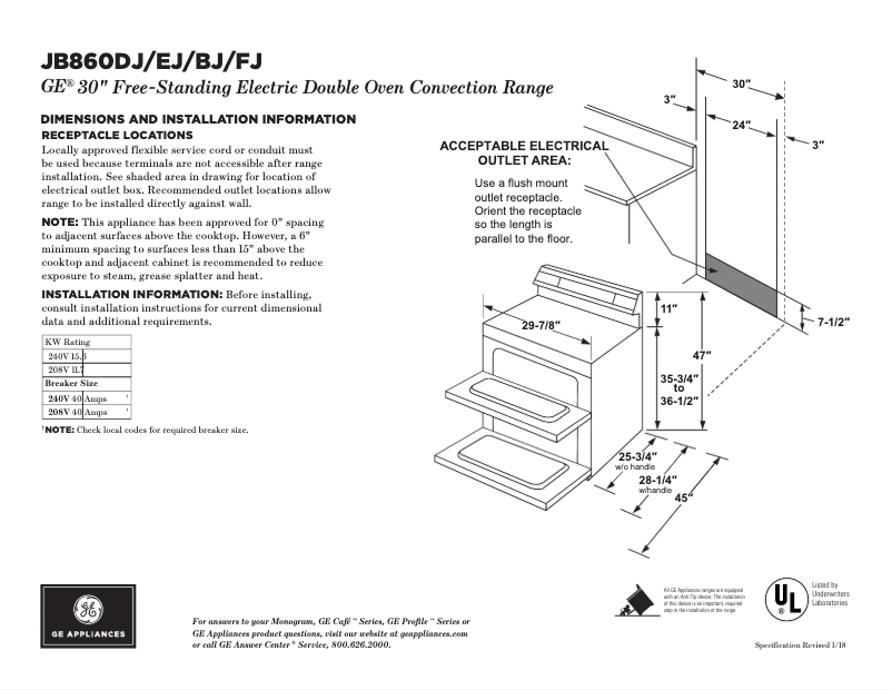 Page 1 of the manual Technical Sheet GE JB860DJWW