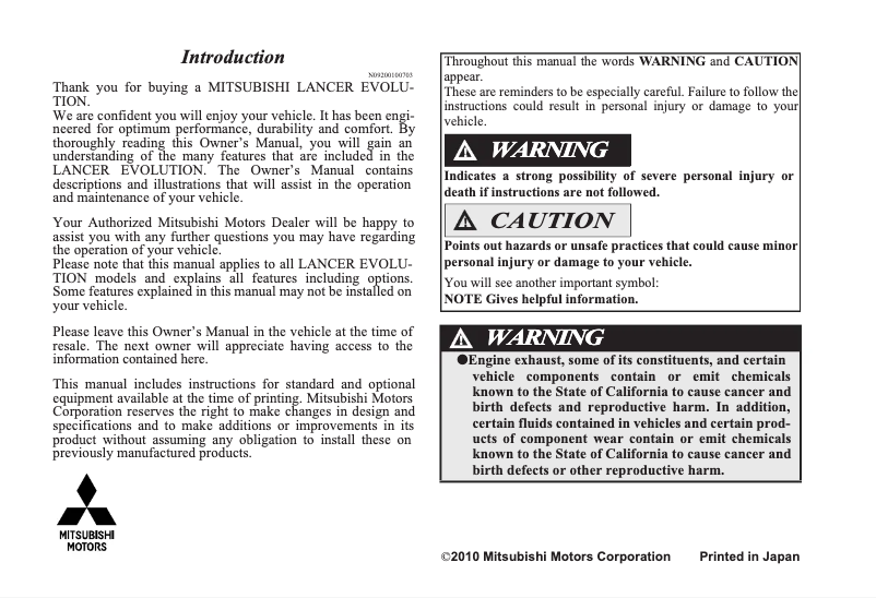 Page 1 de la notice Manuel utilisateur Mitsubishi Lancer Evolution (2011)