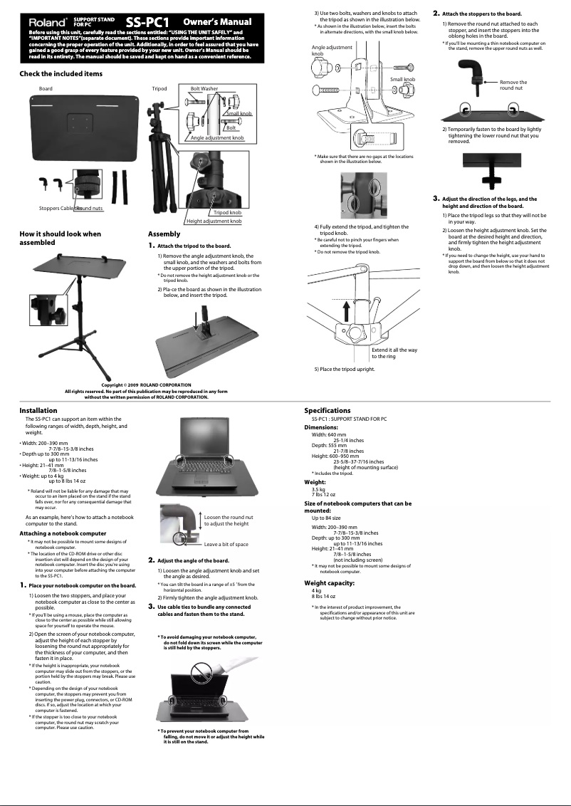 Page 1 de la notice Manuel utilisateur Roland SS-PC1