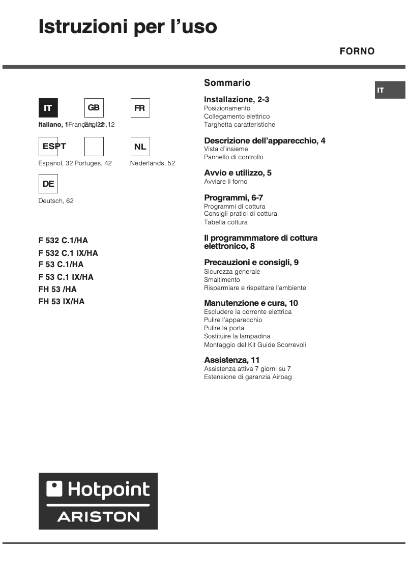 Page 1 de la notice Manuel utilisateur Hotpoint Ariston FH 53IX