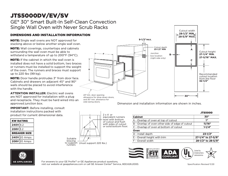 Page 1 of the manual Technical Sheet GE JTS5000SVSS