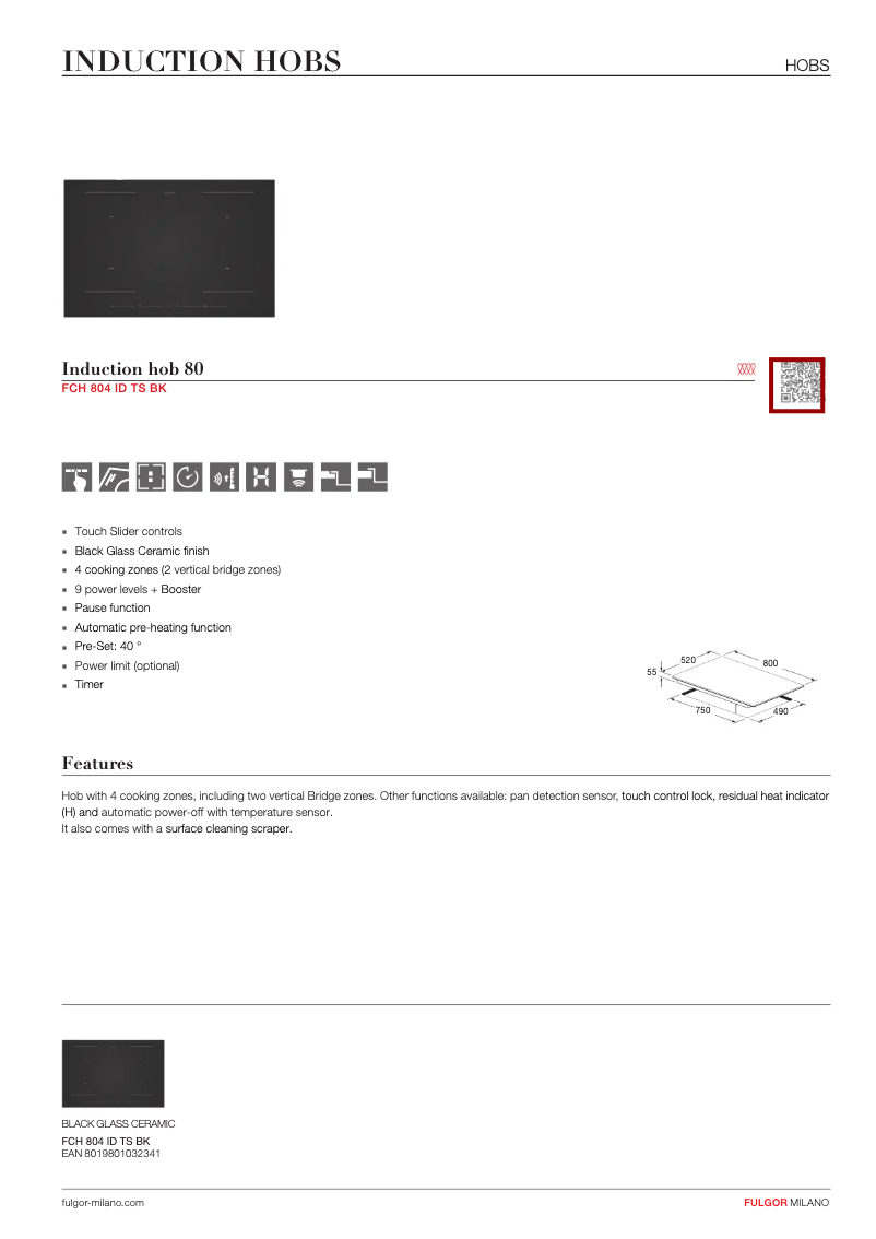 Page 1 de la notice Fiche technique Fulgor Milano FCH 804 ID TS BK