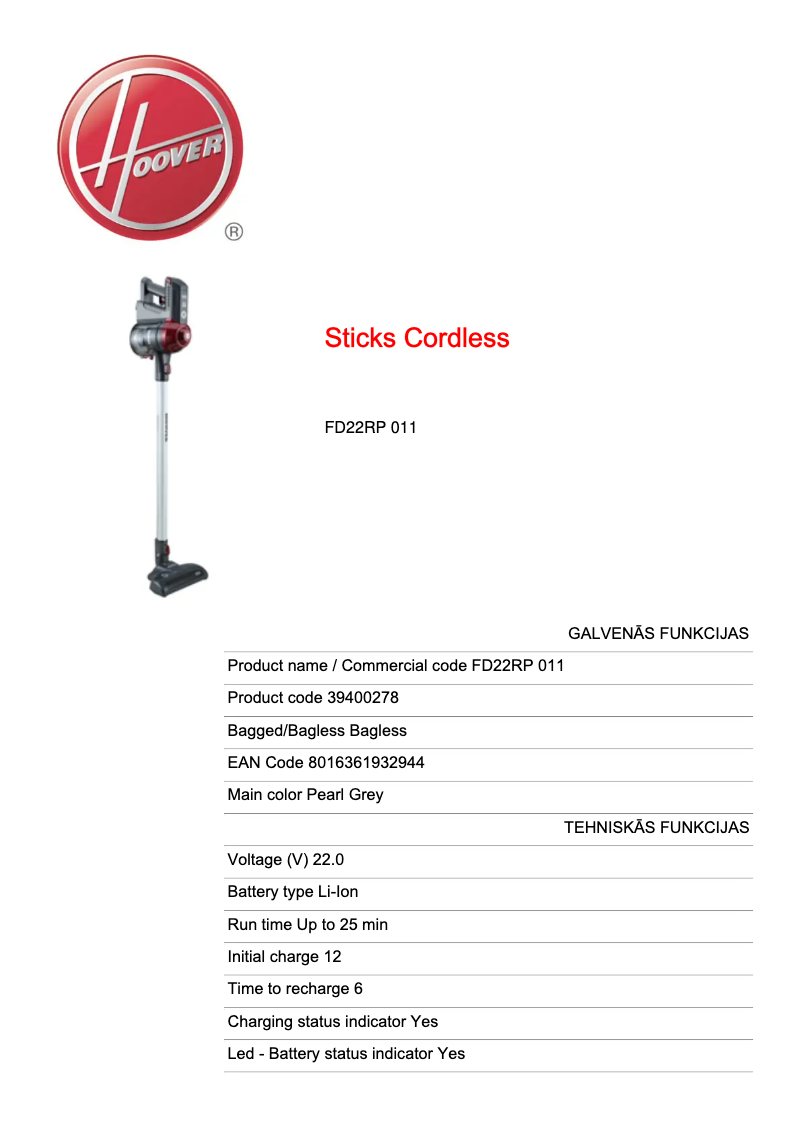 Page 1 de la notice Fiche technique Hoover FREEDOM 2IN1