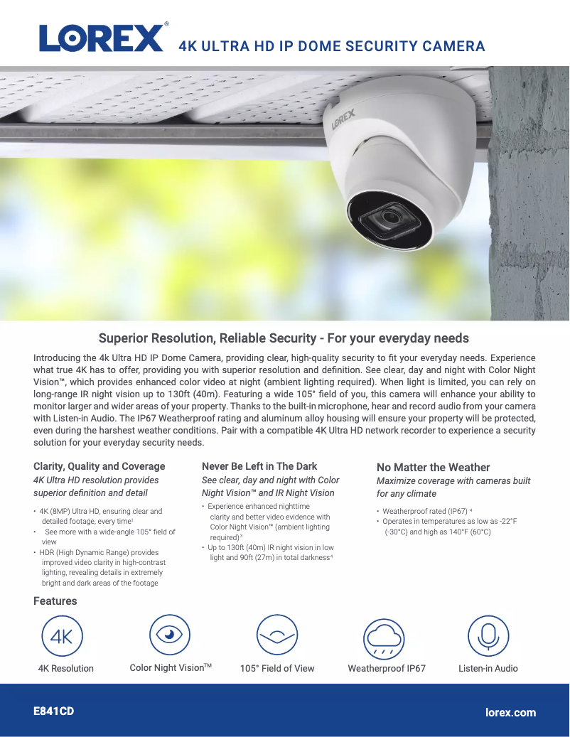 Page 1 de la notice Fiche technique Lorex E841CD-W