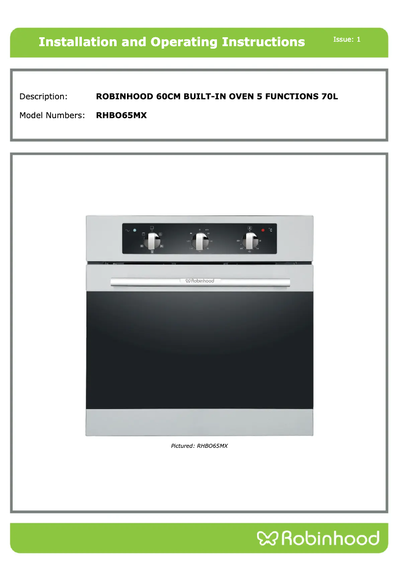 Page n°1 - Guide d'installation Robinhood RHBO65MX