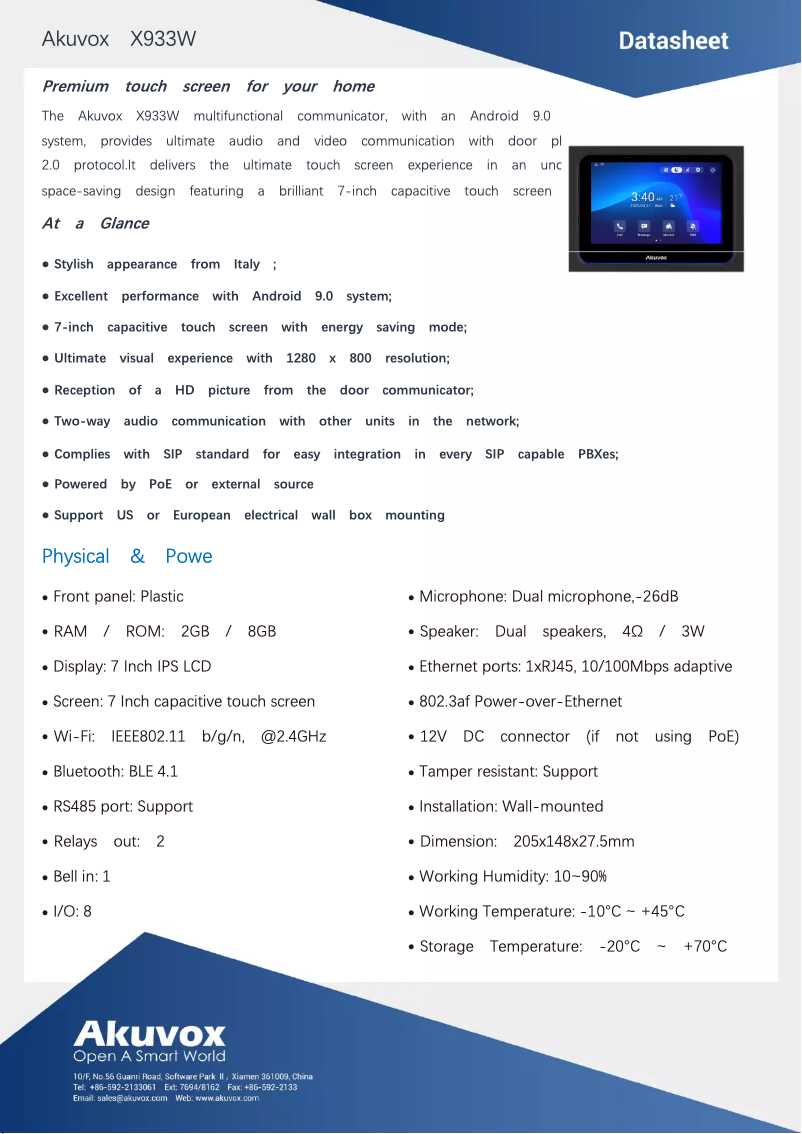 Page 1 de la notice Manuel utilisateur Akuvox X933W