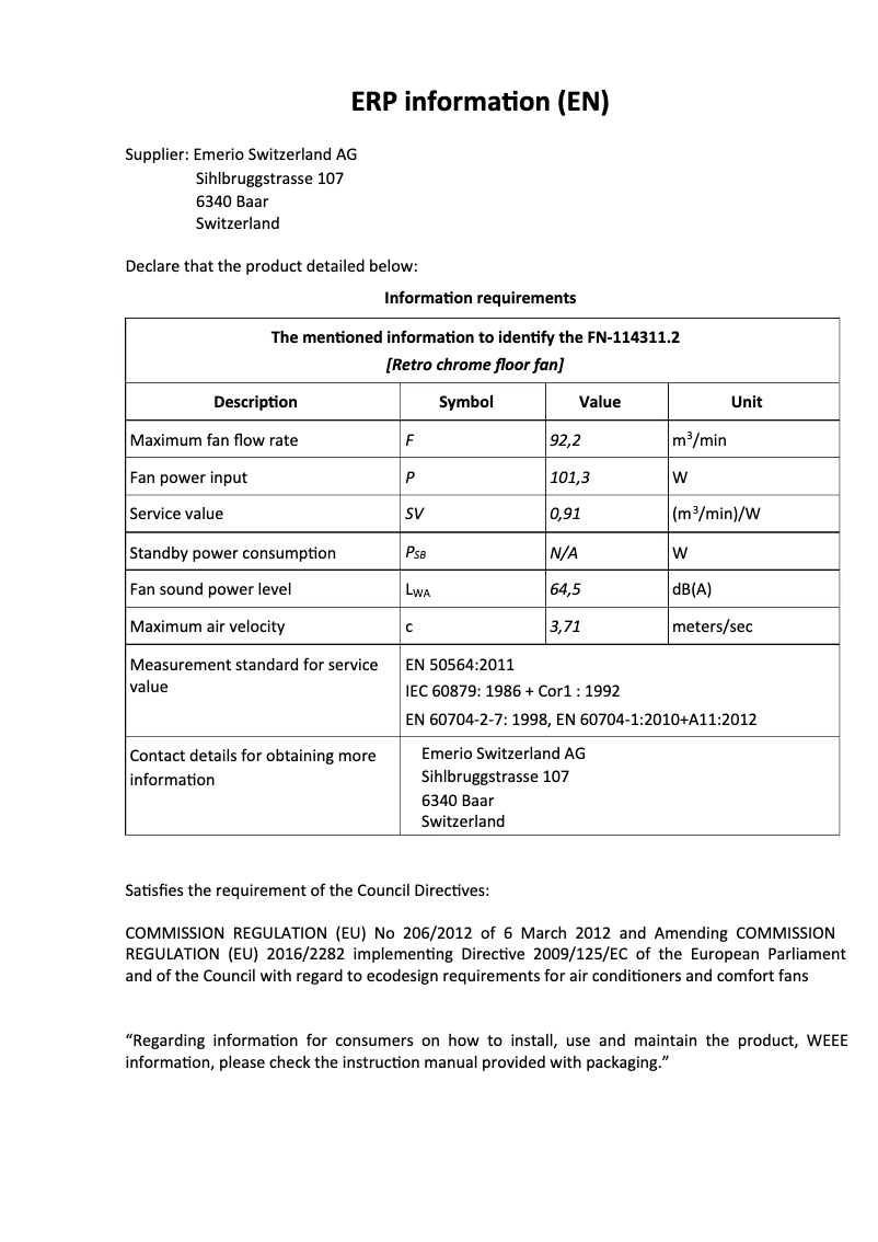 Page 1 de la notice Fiche technique Emerio FN-114311.2