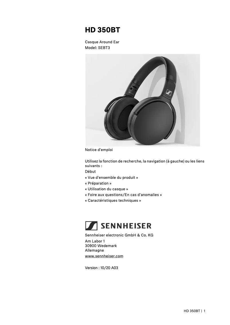 Page 1 de la notice Manuel utilisateur Sennheiser HD 350BT