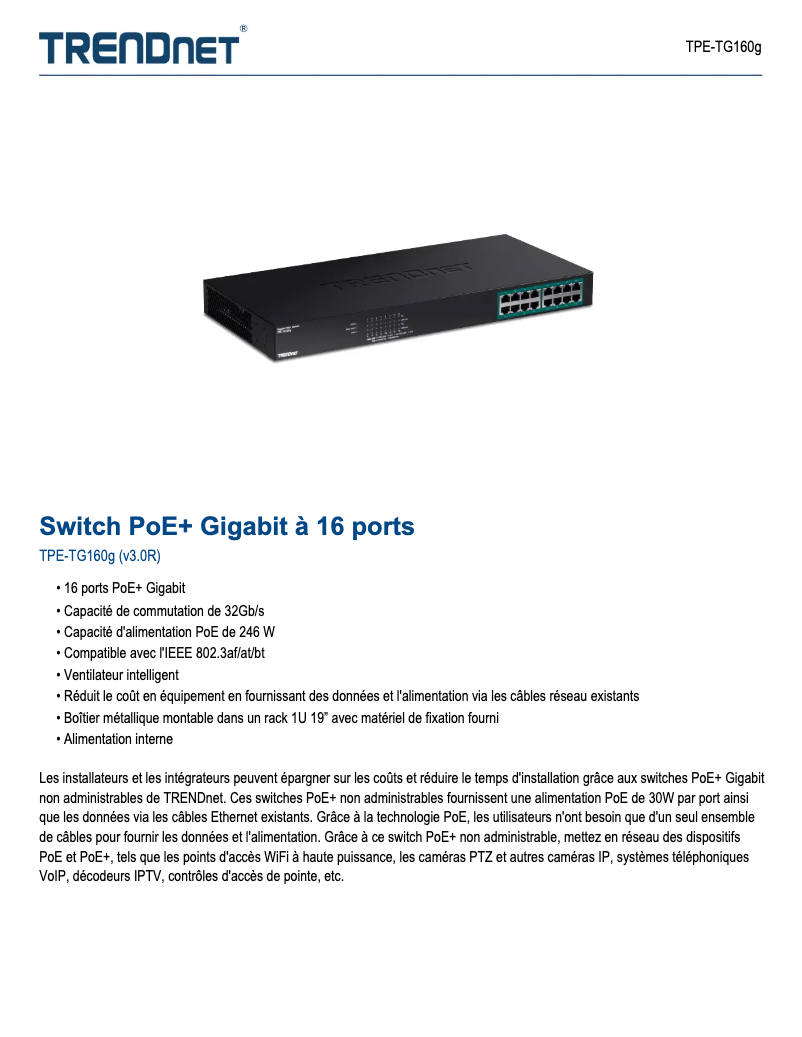 Page 1 de la notice Fiche technique TRENDnet TPE-TG160G