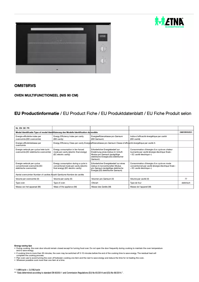 Page 1 de la notice Fiche technique Etna OM978RVS