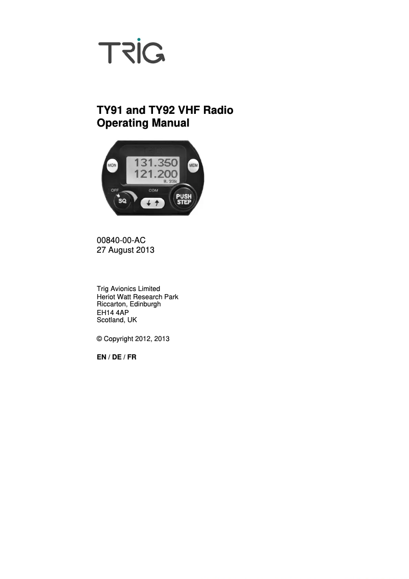 Page n°1 - Manuel utilisateur Trig Avionics TY92