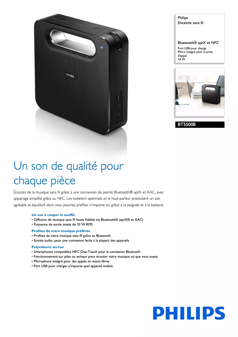 Page 1 de la notice Fiche technique Philips BT5500
