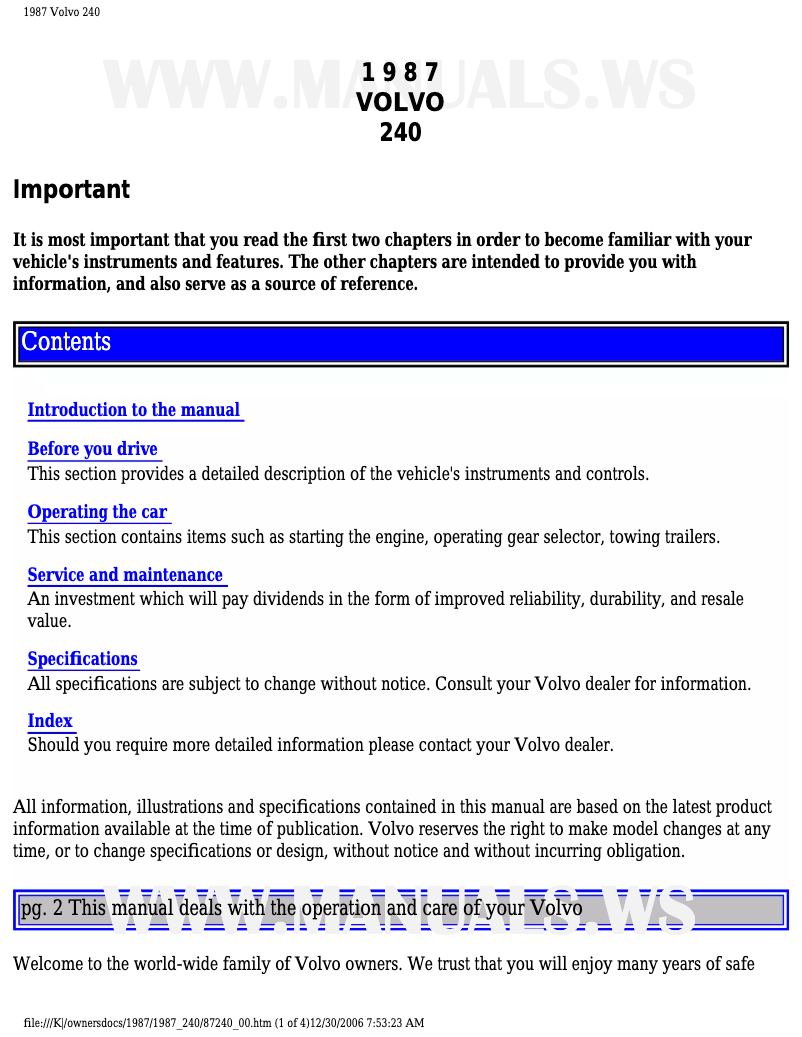 Page 1 de la notice Manuel utilisateur Volvo 240 (1987)