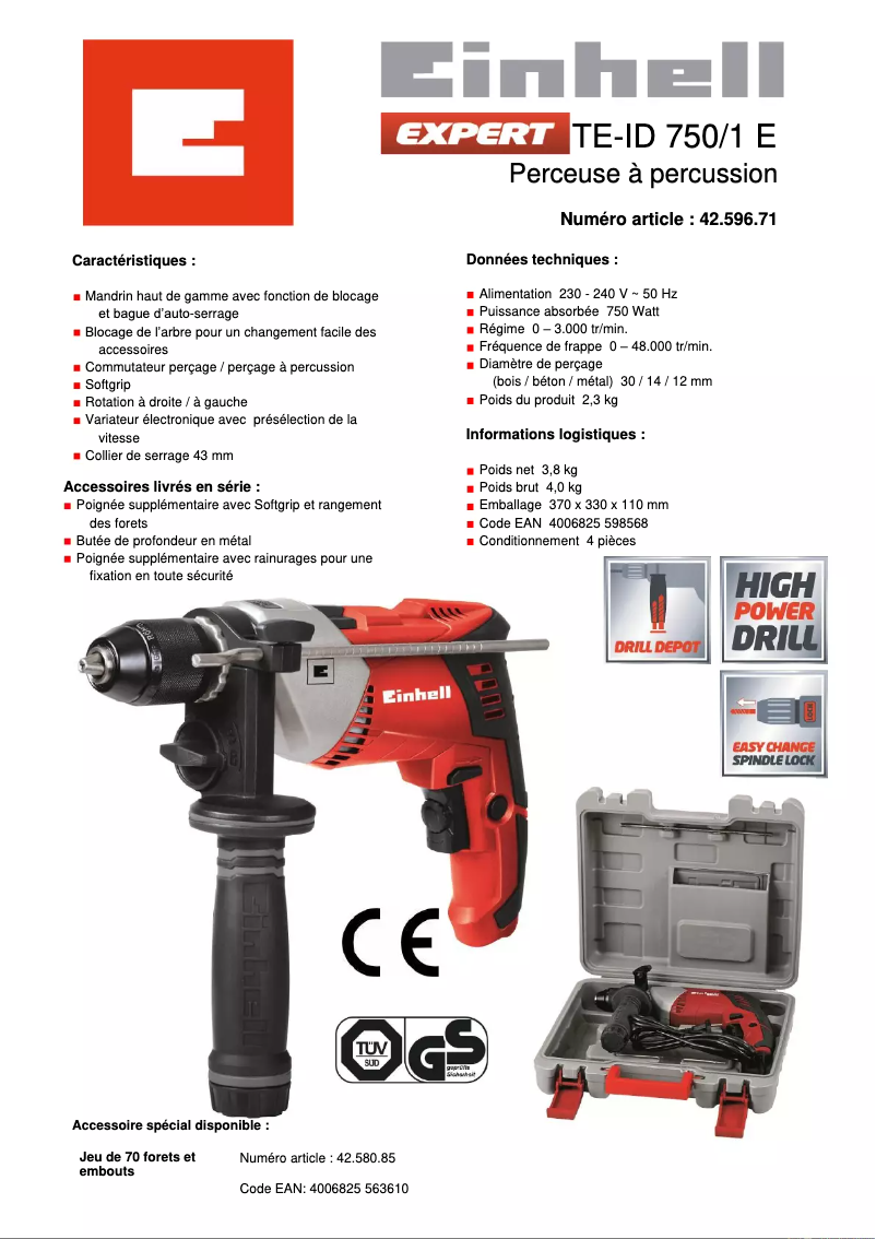 Page n°1 - Fiche technique Einhell TE-ID 750/1 E