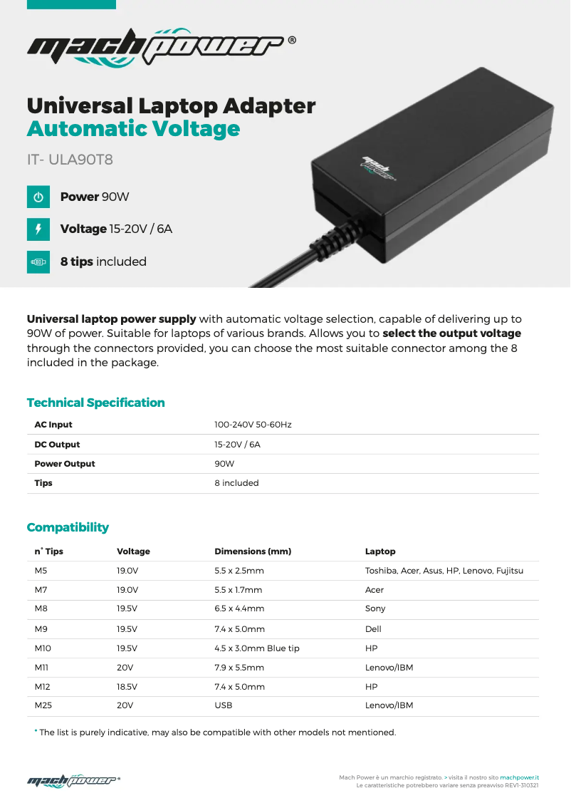 Page 1 de la notice Fiche technique Mach Power IT-ULA90T8