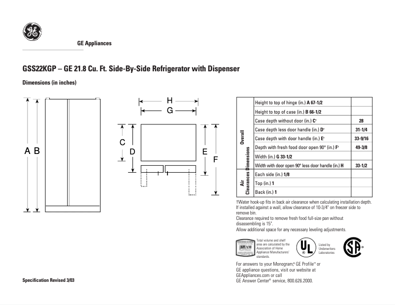 Página 1 del manual Ficha técnica GE GSS22KGPCC