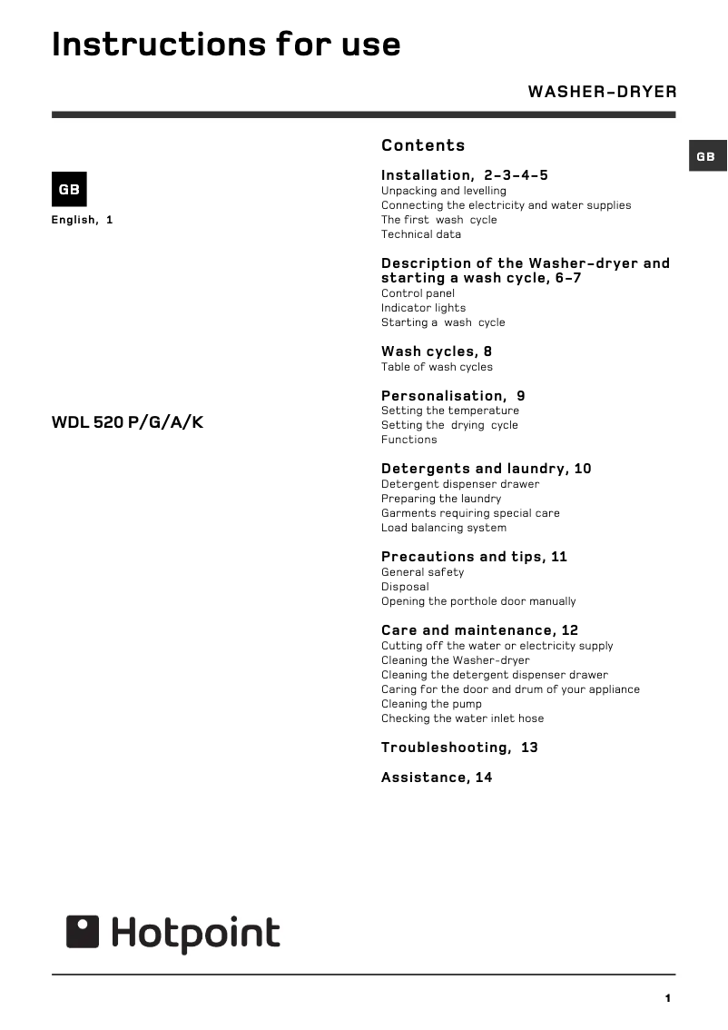 Page n°1 - Manuel utilisateur Hotpoint WDL 540 P