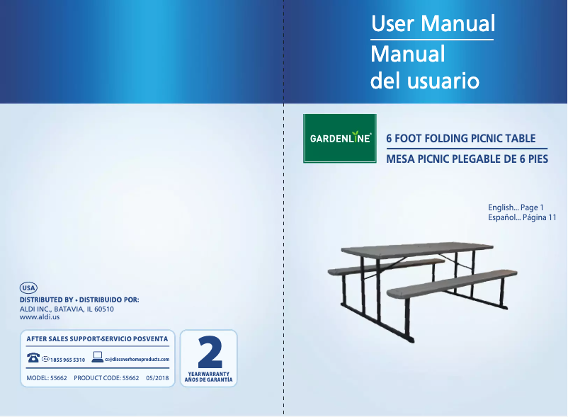 Page 1 de la notice Manuel utilisateur Easy Home Gardenline 6' Folding Picnic Table