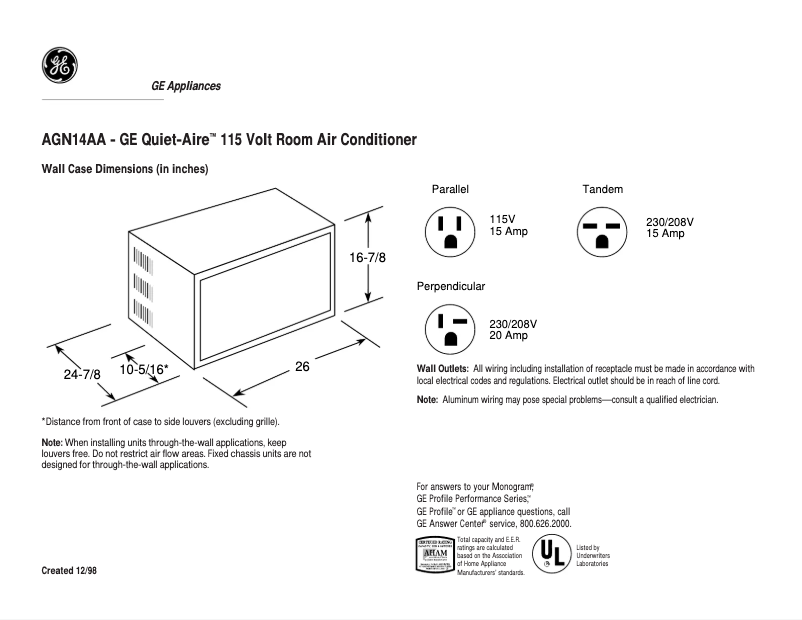 Page 1 de la notice Fiche technique GE Quiet-Aire AGN14AA