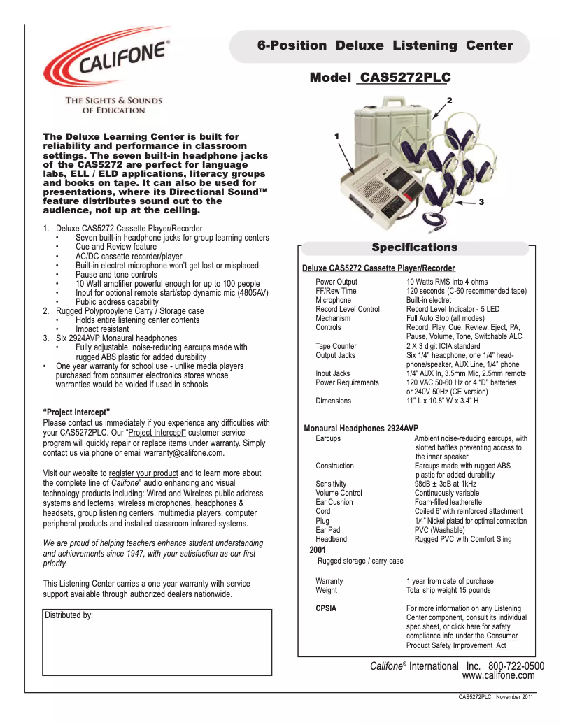 Page 1 de la notice Manuel utilisateur Califone CAS5272PLC