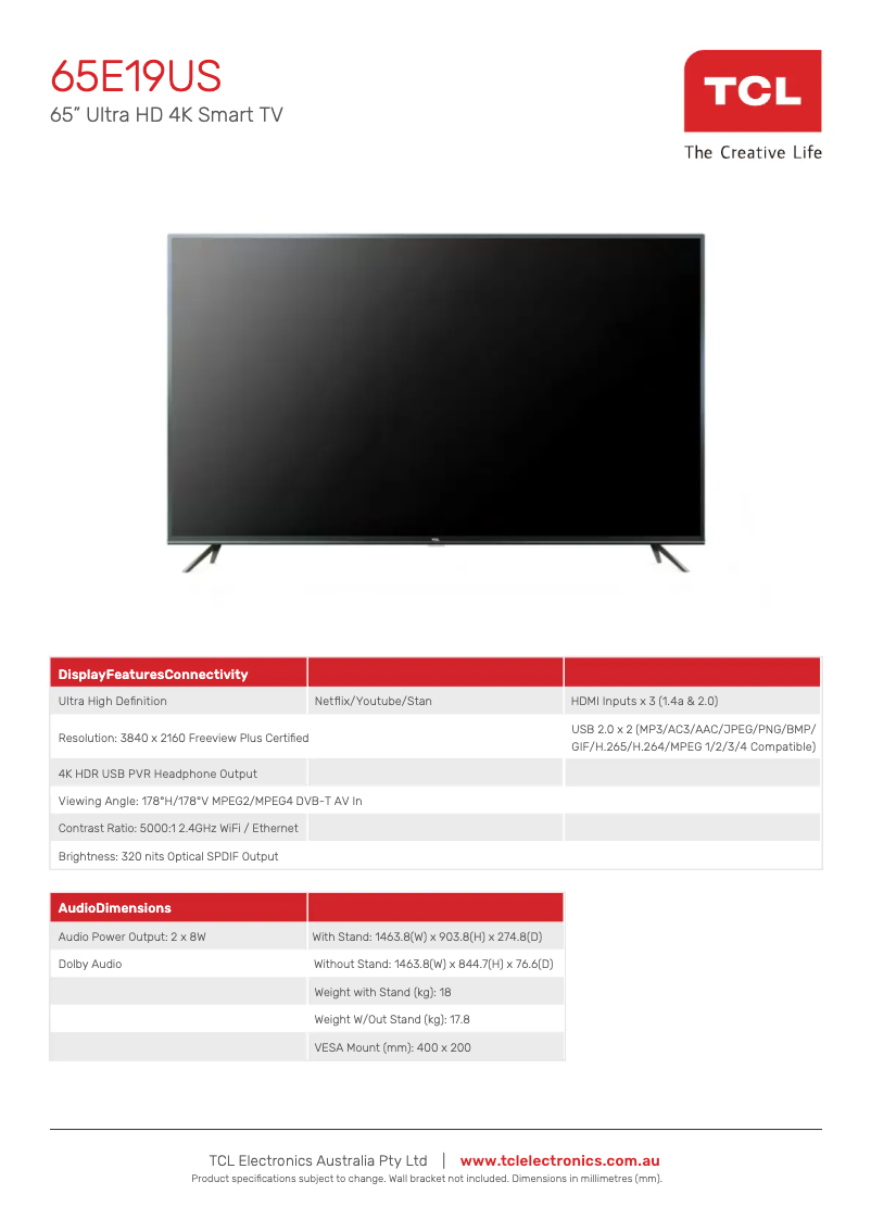 Page 1 de la notice Fiche technique TCL 65E19US