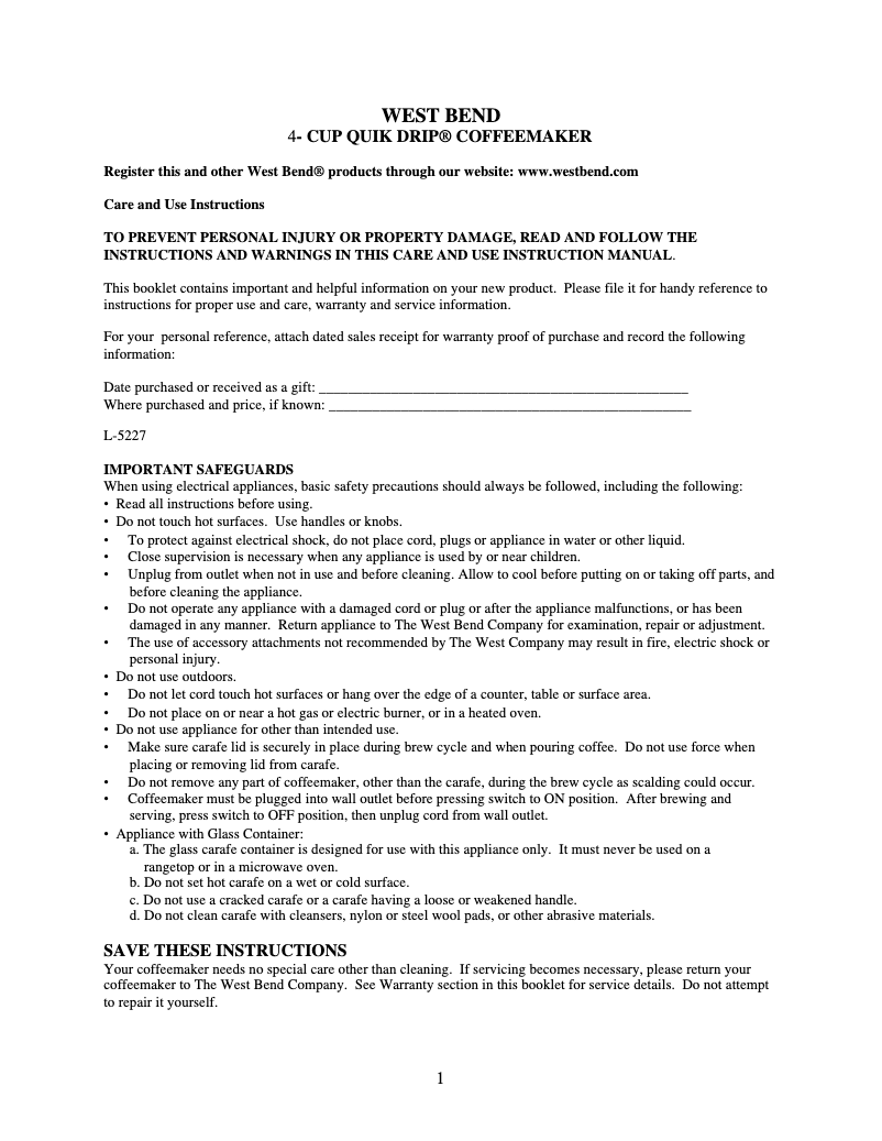 Page 1 de la notice Manuel utilisateur WestBend 56604