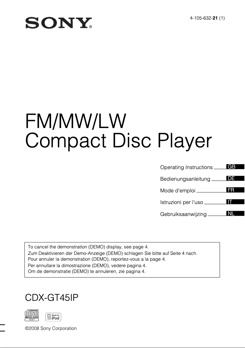 Image de la première page du manuel de l'appareil CDX-GT45IP