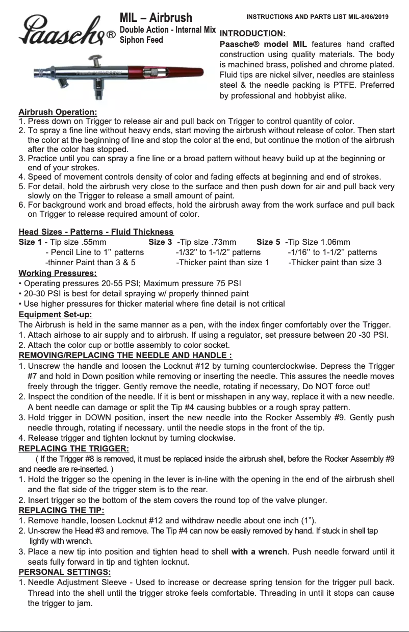 Page 1 de la notice Manuel utilisateur Paasche MIL-1AS