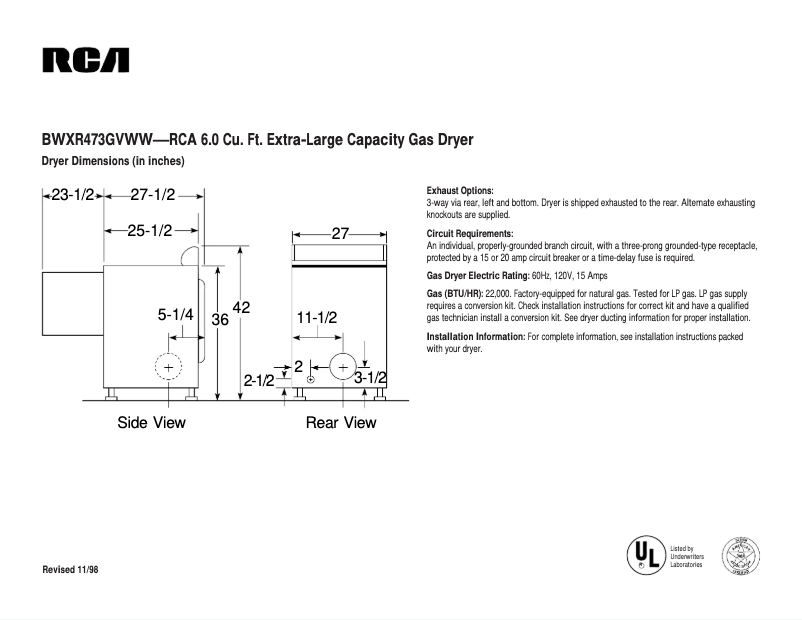 Page 1 of the manual Technical Sheet RCA BWXR473GVWW