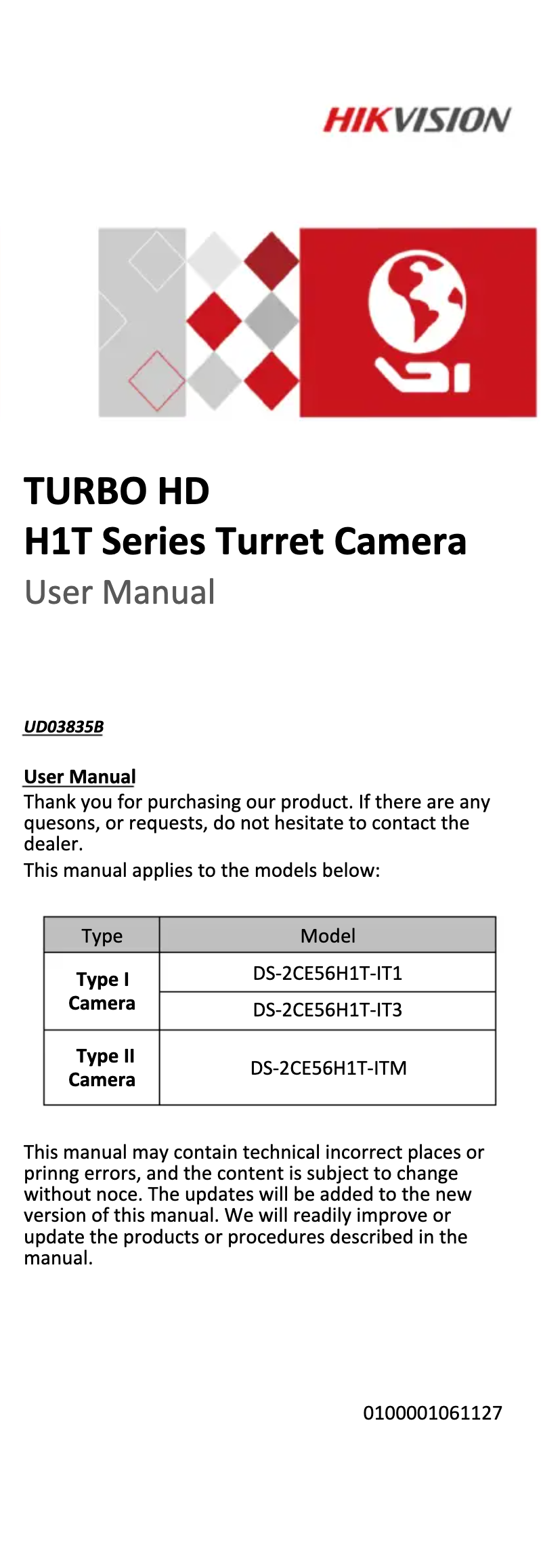 Page 1 de la notice Manuel utilisateur Hikvision DS-2CE56H1T-IT1