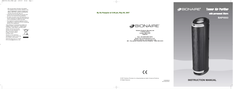 Page 1 de la notice Manuel utilisateur Bionaire BAP1550