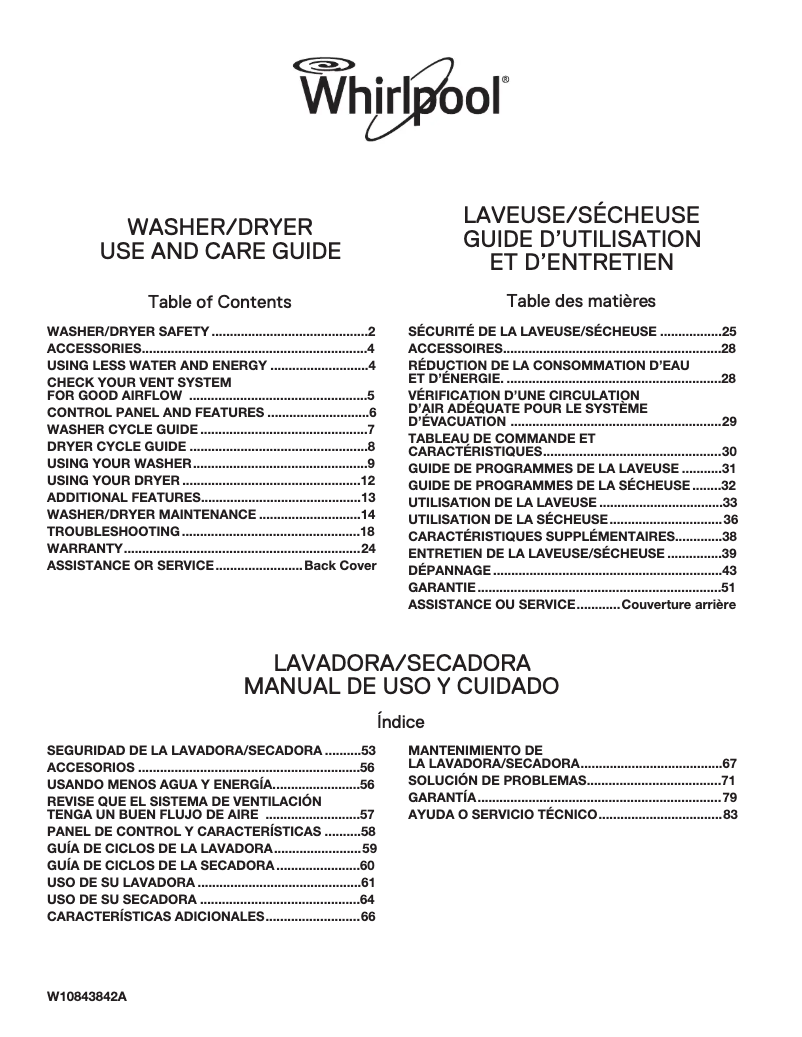 Página 1 del manual Manual de uso y mantenimiento Whirlpool WGTLV27F