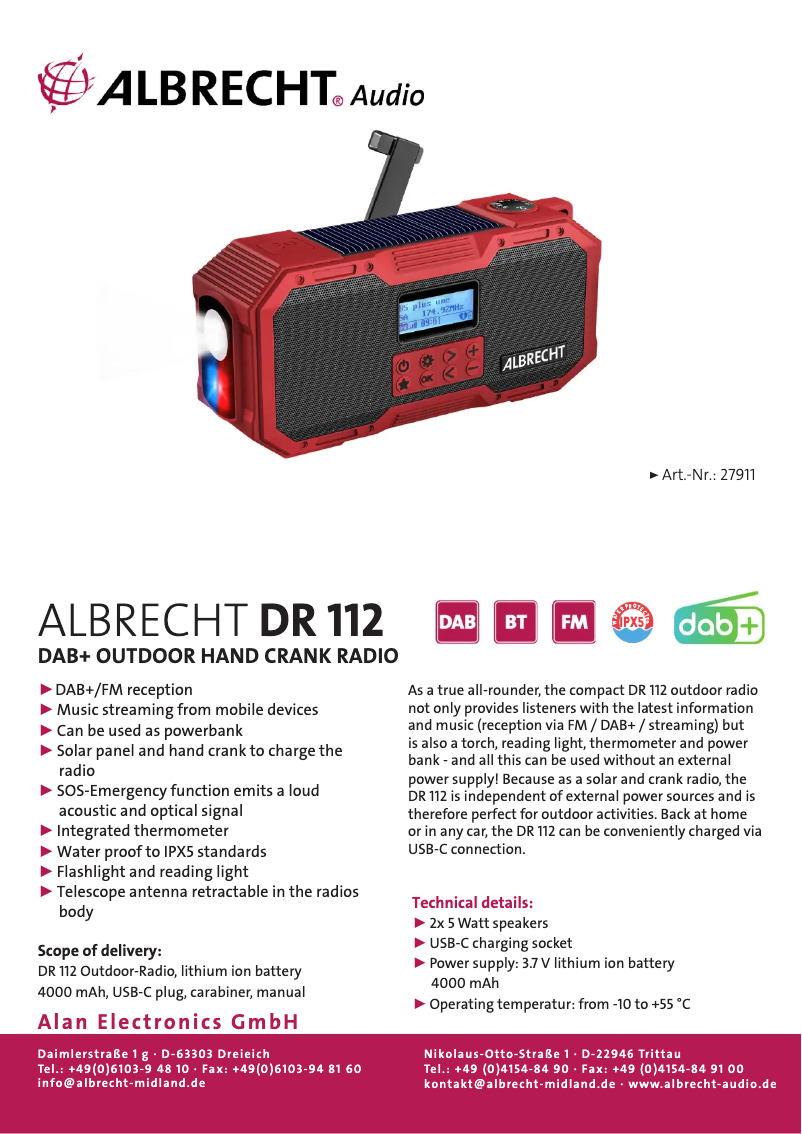 Page 1 de la notice Fiche technique Albrecht DR 112