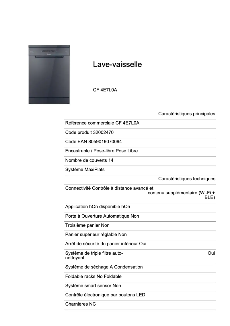 Page 1 de la notice Fiche technique Candy CF 4E7L0A