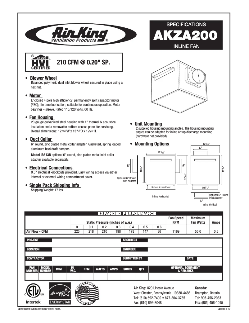 Page 1 de la notice Fiche technique Air King AKZA200