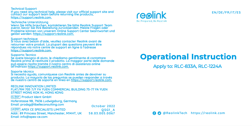 Page n°1 - Guide de démarrage rapide Reolink RLC-833A