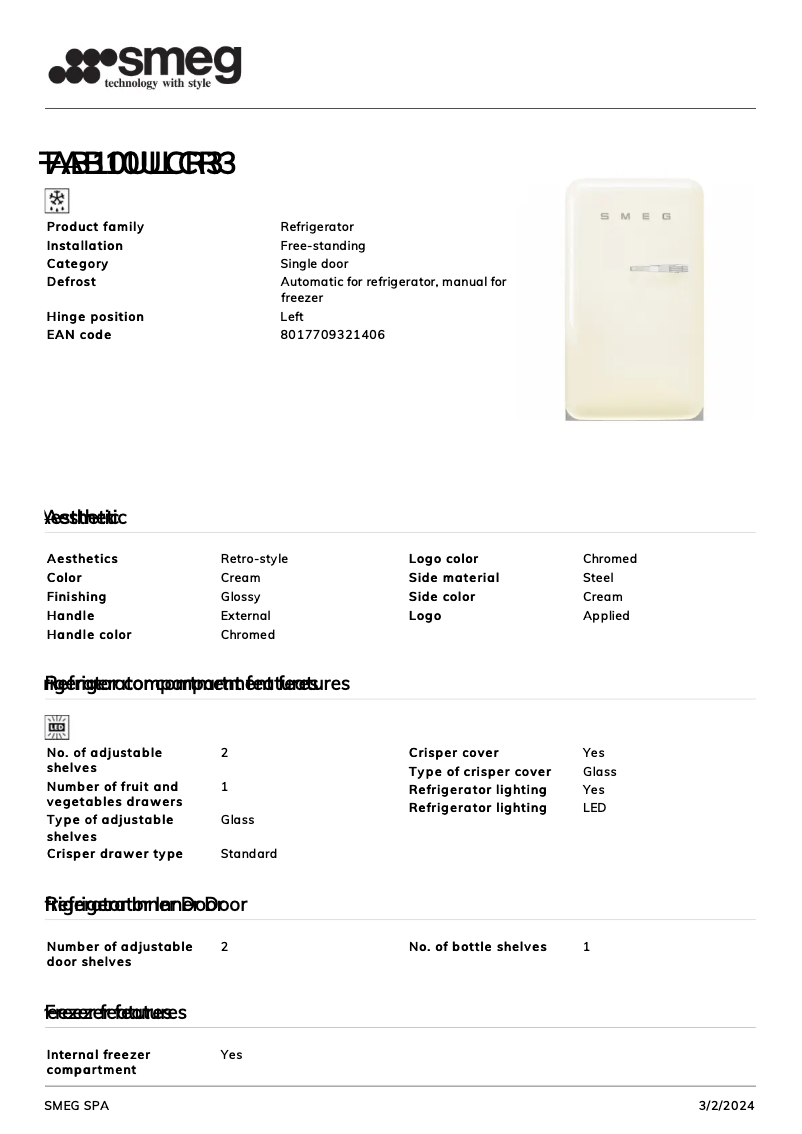 Page 1 de la notice Fiche technique Smeg FAB10ULCR3
