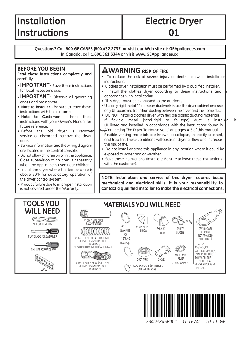 Página 1 del manual Guía de instalación GE DCCB330EJWC