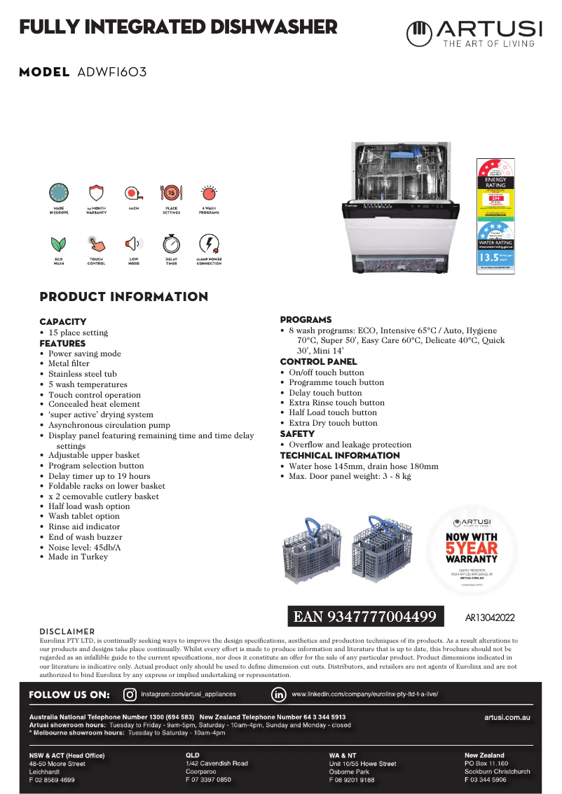 Página 1 del manual Ficha técnica Artusi ADWFI603